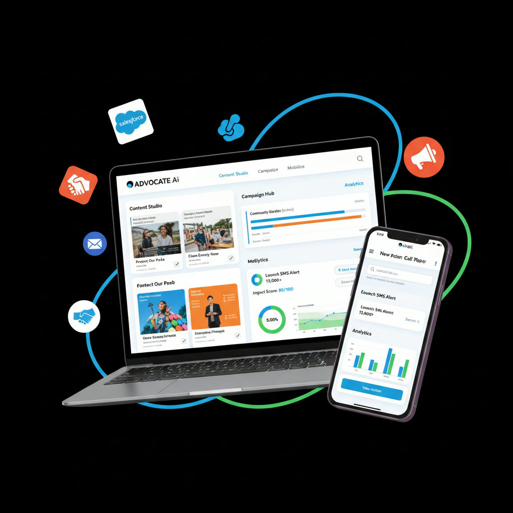 A visual representation of a 'non-profit advocacy platform' as a central hub or a control panel. It should depict various functionalities like content management, campaign coordination, supporter mobilization, and analytics, all integrated into one powerful system, making advocacy efforts seamless and impactful.