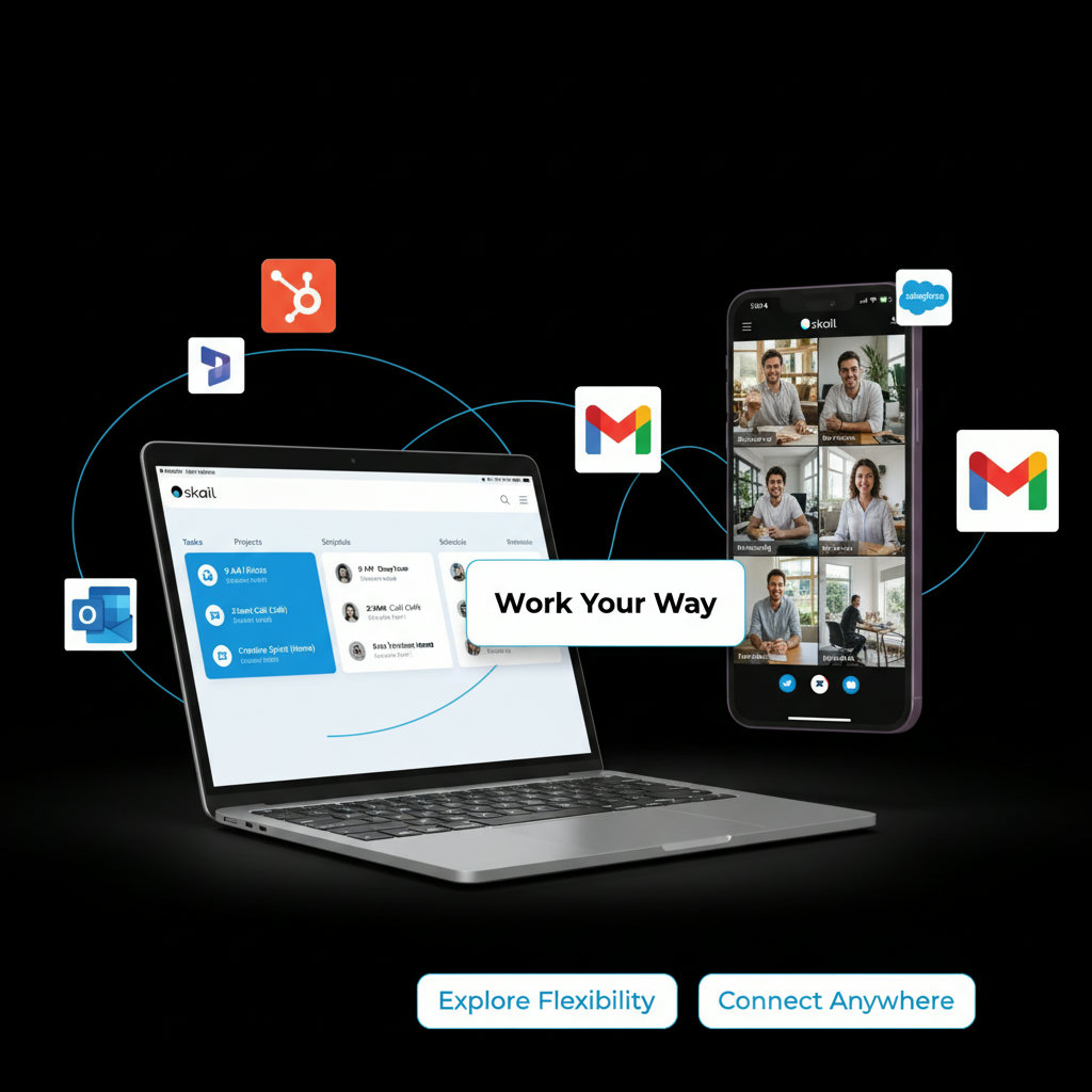 A visual representing the shift from traditional 9-to-5 work to a more flexible, modern work environment, possibly with people working remotely, in co-working spaces, or with diverse schedules.