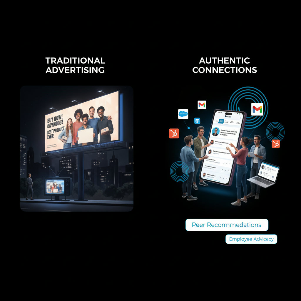 An image depicting the contrast between traditional advertising (e.g., billboards, TV ads) and authentic connections (e.g., people having genuine conversations, peer recommendations, employee advocacy).