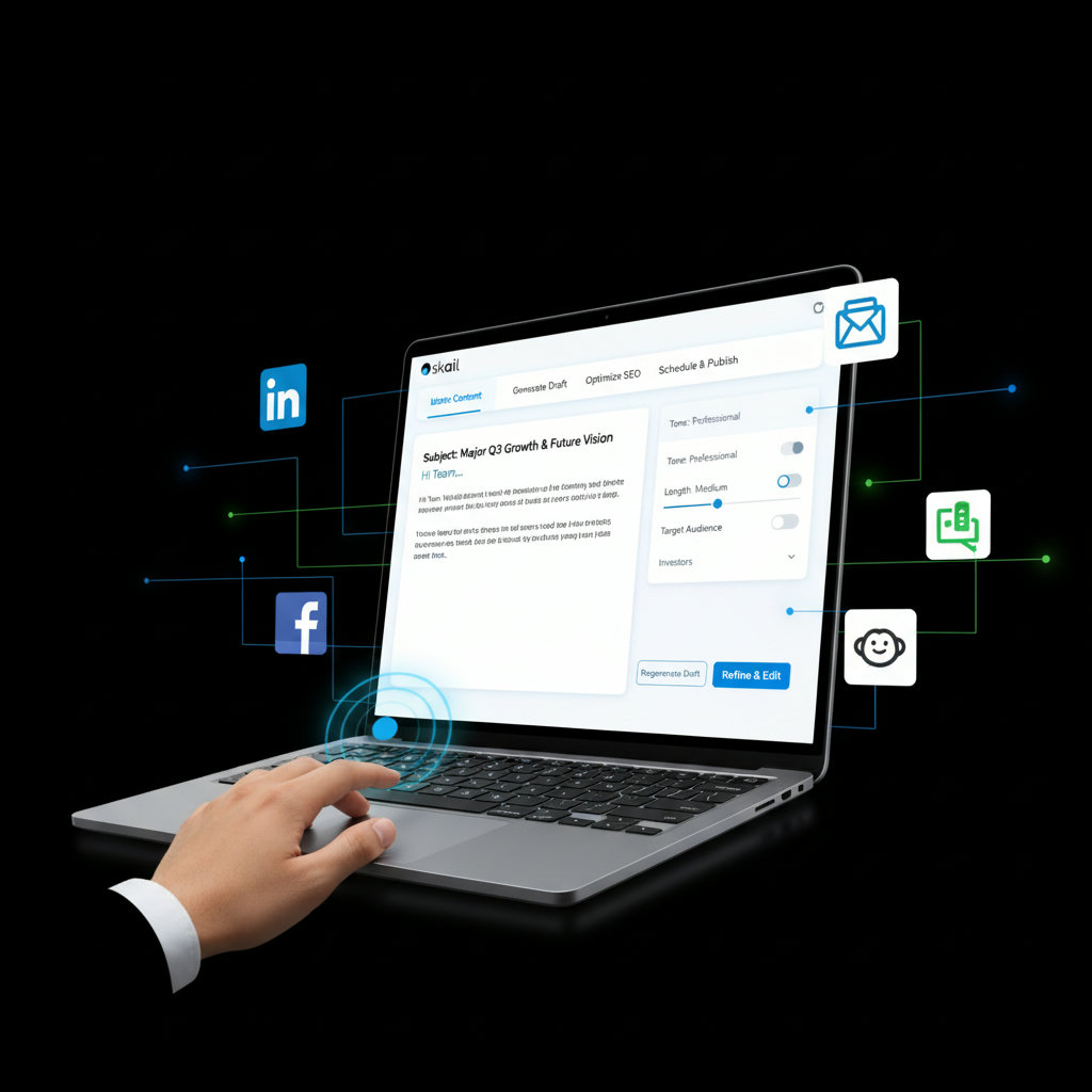 A representation of AI assisting employees in creating and distributing content, perhaps showing an employee interacting with an AI interface that generates text or suggests optimal posting times.