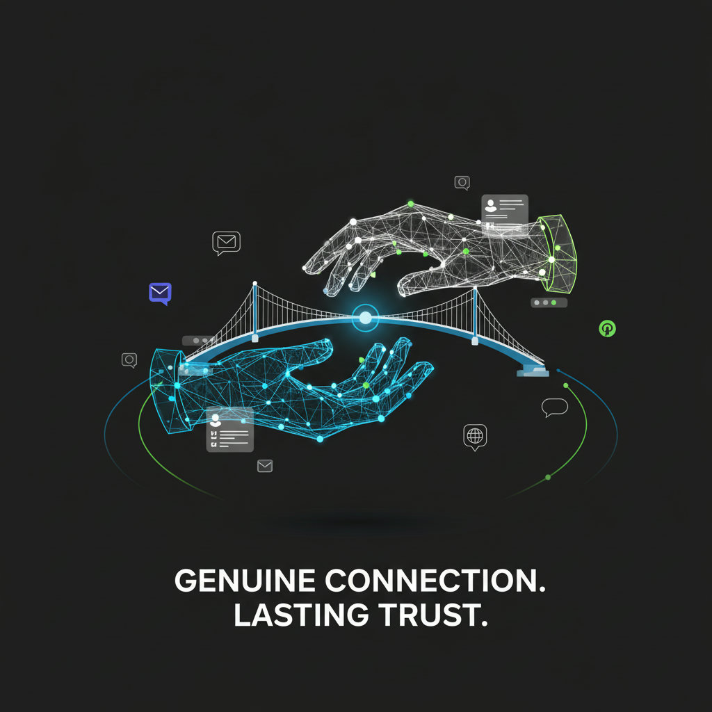 A visual representation of trust being built between a brand and its audience through genuine and transparent communication, perhaps illustrated by a bridge or interlocking hands.