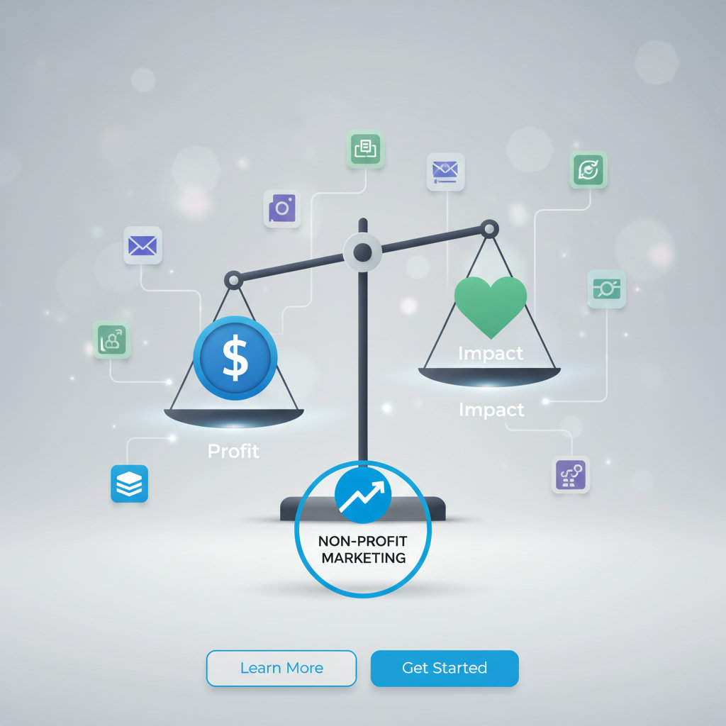 An image illustrating the unique operational landscape of non-profit marketing, perhaps with scales balancing 'profit' with 'impact', or a heart superimposed over a dollar sign.