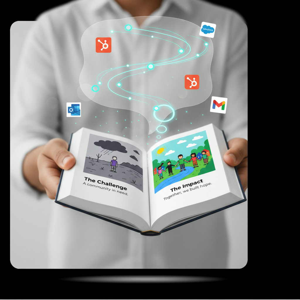 A visual representation of the power of storytelling in non-profit marketing, such as hands holding a storybook with images of people being helped, or a thought bubble showing a narrative unfolding from a problem to a solution.