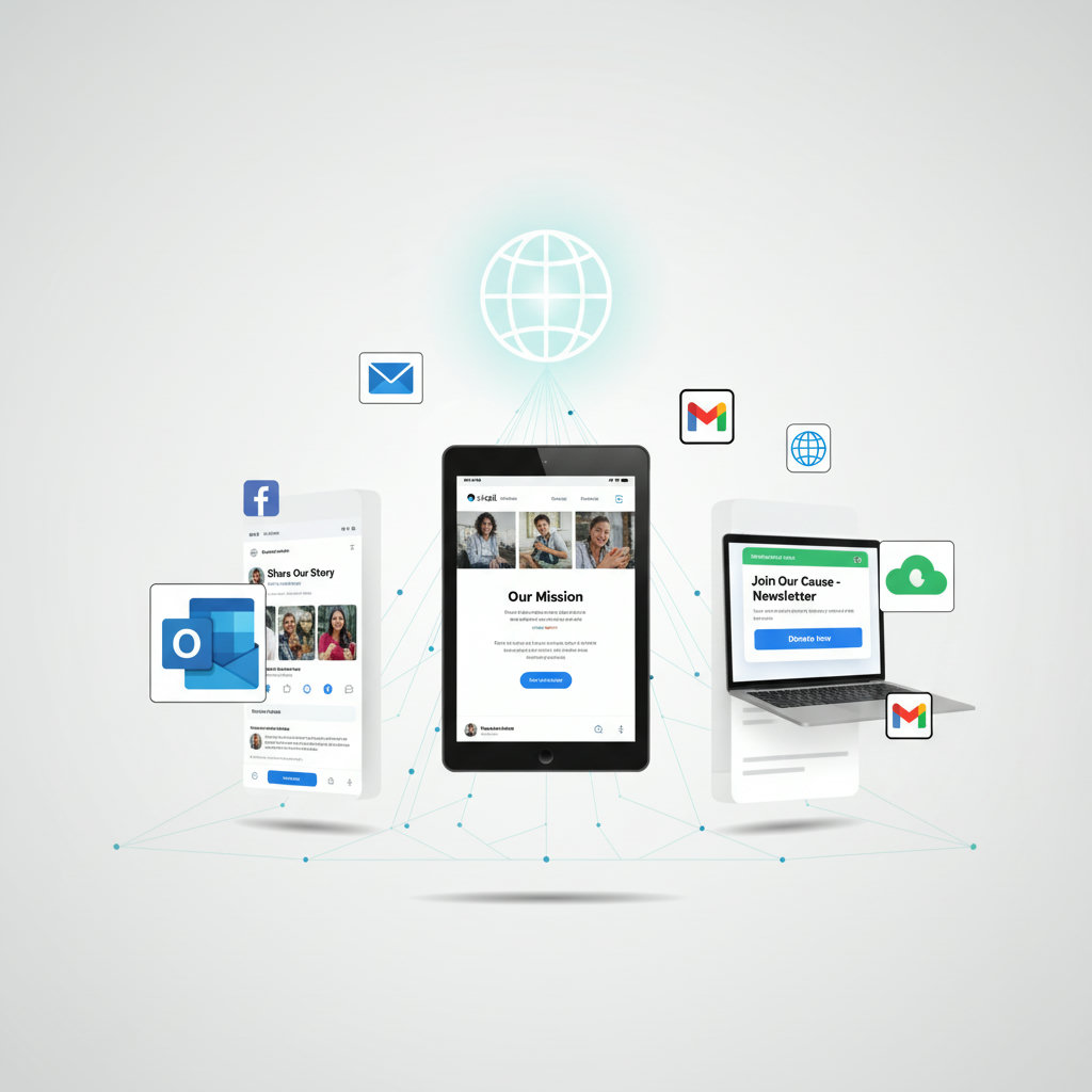 An image depicting a multi-channel approach to non-profit marketing, with various digital platforms like email, social media, and a website converging like pillars supporting a common mission.
