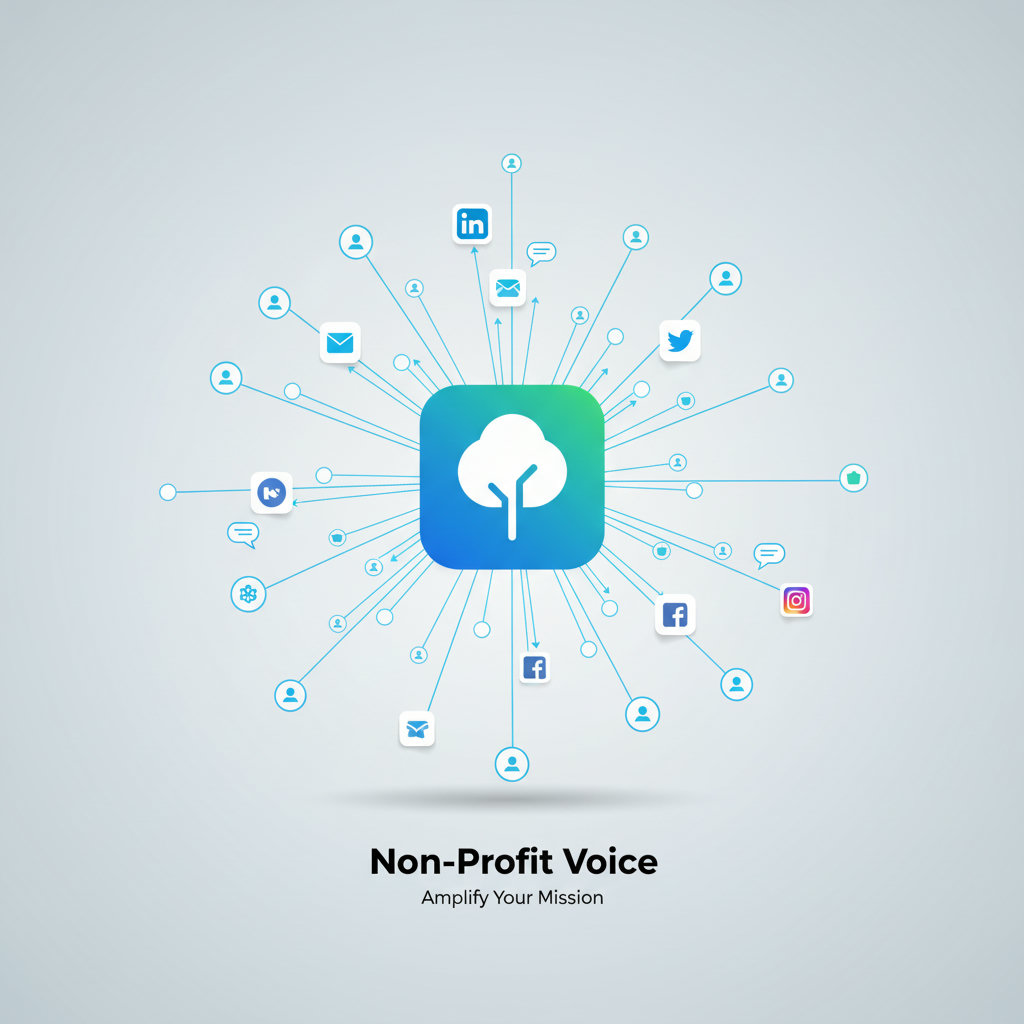 A visual illustrating the concept of employee advocacy, perhaps with a network of people sharing information on social media, radiating out from a central non-profit organization.