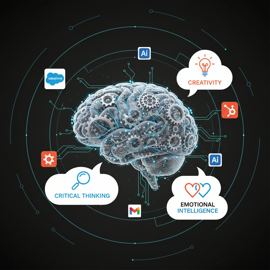 A brain with gears and circuits, surrounded by thought bubbles containing icons representing critical thinking, creativity, and emotional intelligence, to illustrate essential cognitive and soft skills for the AI era.