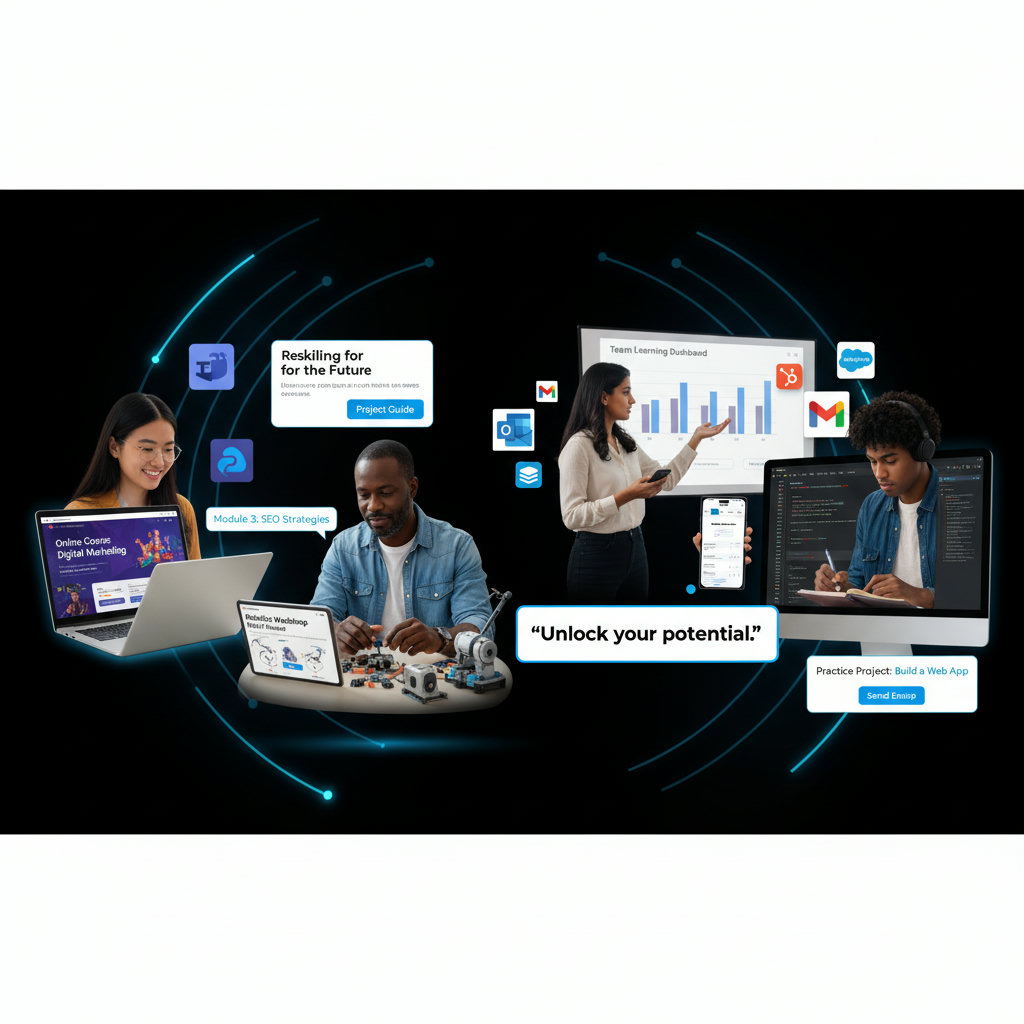 A diverse group of people engaged in various learning activities, such as online courses, workshops, and hands-on projects, emphasizing upskilling, reskilling, and lifelong learning initiatives.