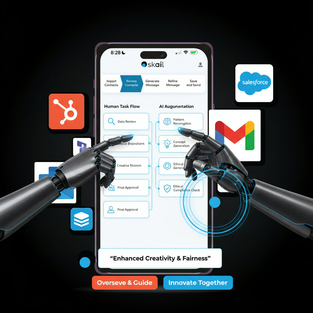 An image depicting a seamless collaboration between humans and AI, with robots and humans working side-by-side on complex tasks, highlighting the benefits of Human-AI collaboration and ethical considerations.