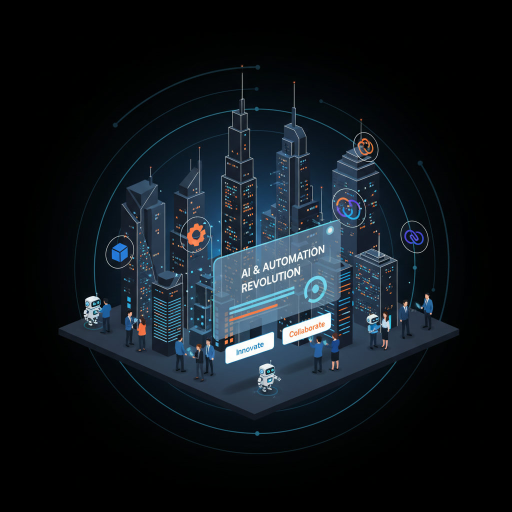 A futuristic cityscape with robots and humans coexisting and collaborating, symbolizing the AI and Automation Revolution.