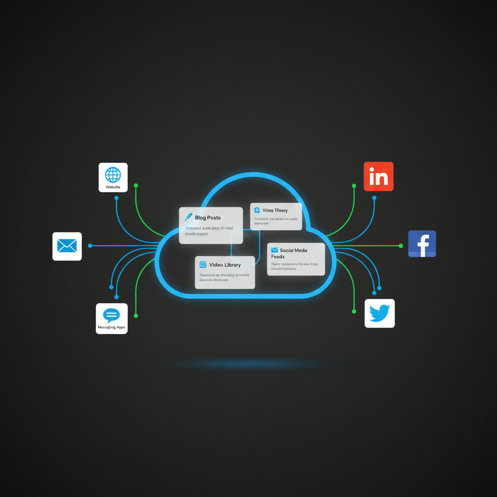 A visual representation of a streamlined, organized 'content hub' acting as a central, calm harbor where various content assets (blog posts, videos, social media updates) are neatly categorized and easily accessible, perhaps with lines connecting to different distribution platforms (social media icons, website, email) emanating from the hub.