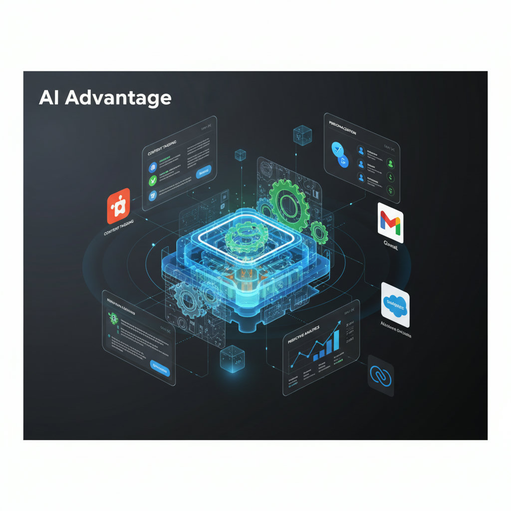 An image depicting AI as a powerful, intelligent engine or a series of gears seamlessly integrated into the content hub, performing various automated tasks such as content tagging, personalization, and predictive analytics, visually representing the 'AI Advantage' in streamlining content operations.
