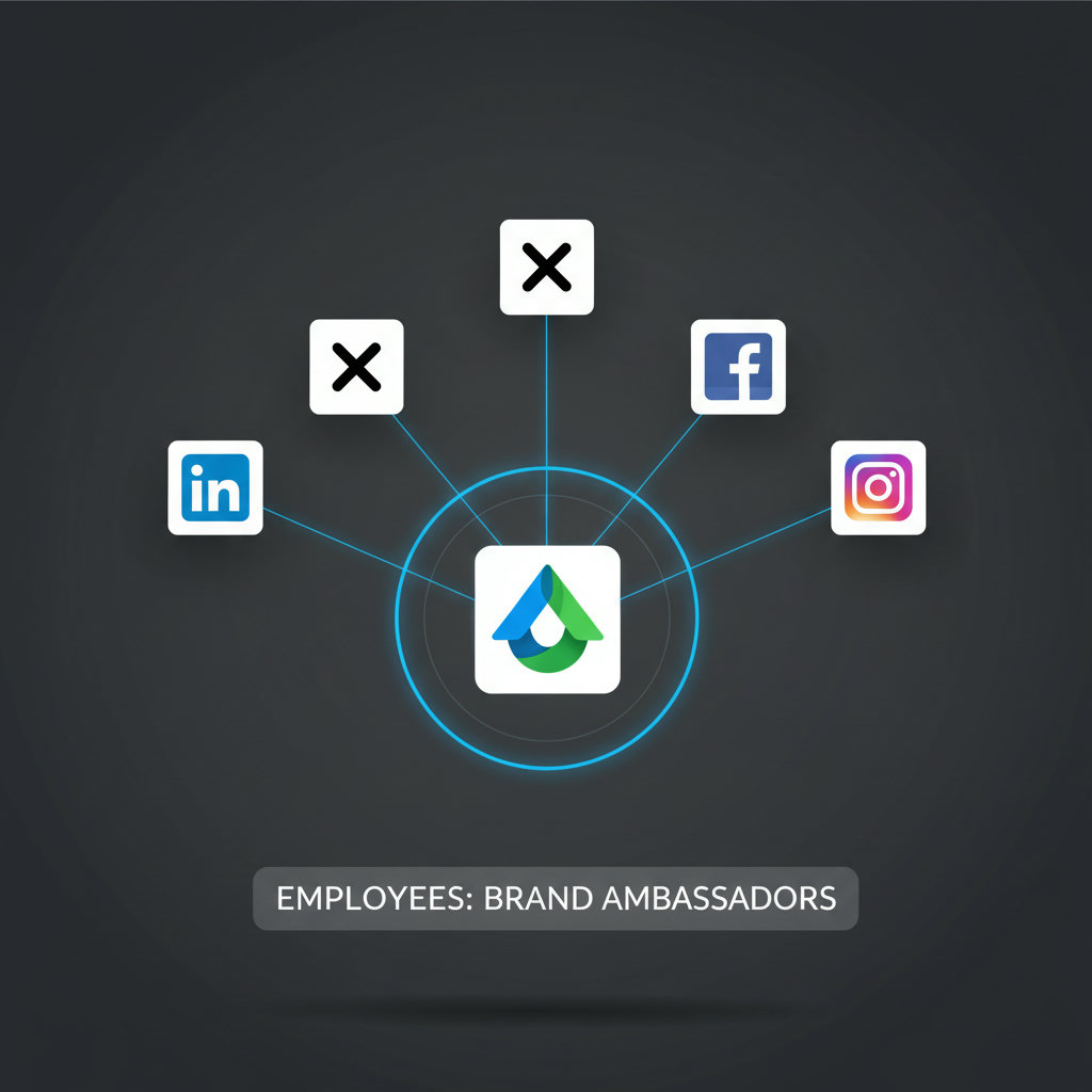 A visual representation of an employee's multiple social media profiles (LinkedIn, X, Facebook, etc.) with lines extending from them to an abstract representation of a company logo, symbolizing employees acting as brand ambassadors and extending the company's reach.