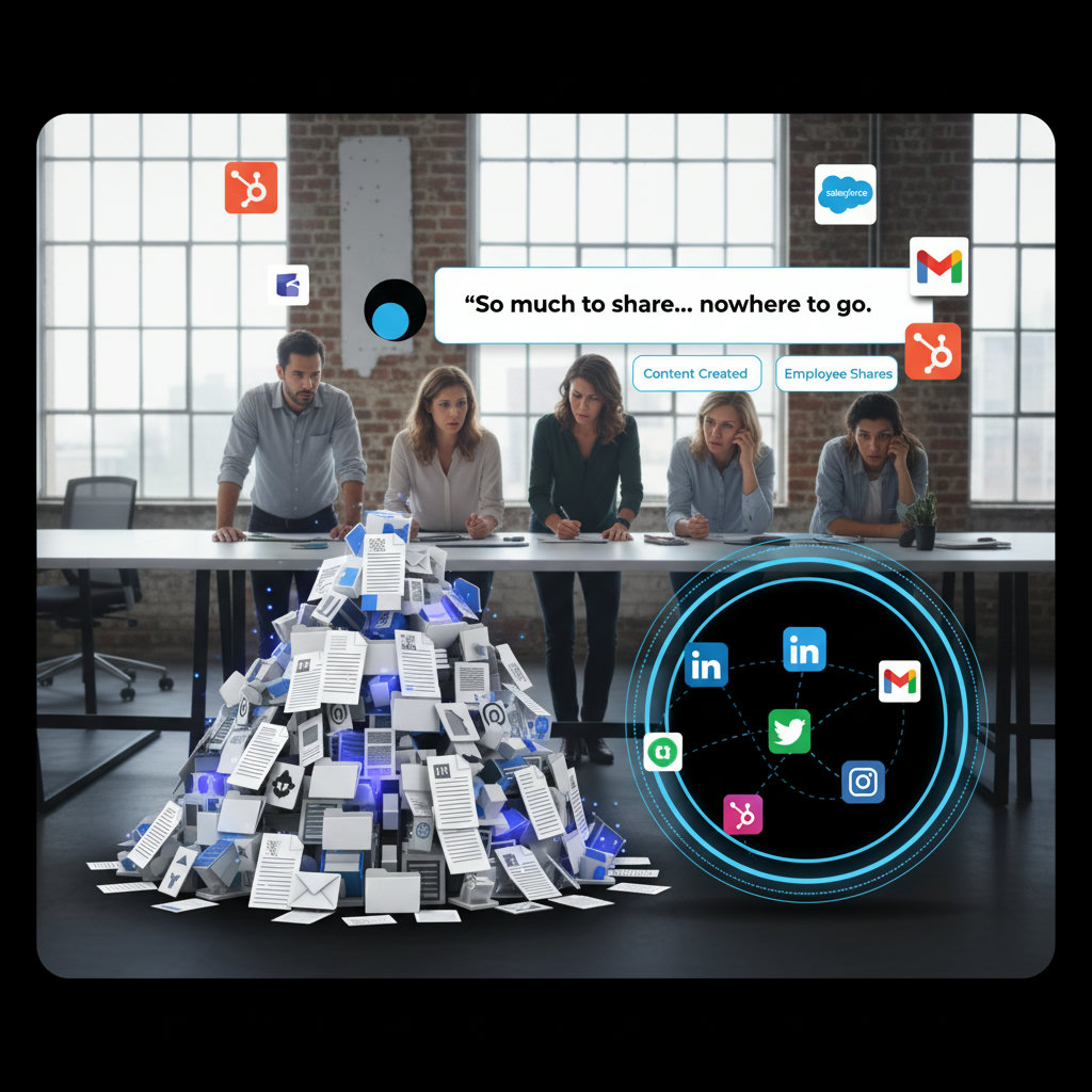 An image illustrating the 'Engagement Paradox' with a frustrated person looking at a small number of scattered social media icons next to a huge pile of unshared company content, highlighting the disconnect between content creation and employee sharing.