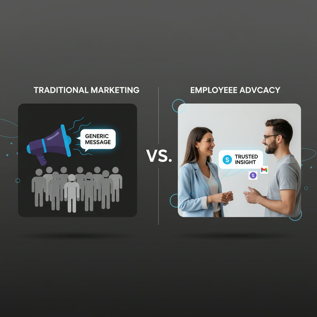 A split image or infographic contrasting traditional marketing methods (e.g., a megaphone broadcasting to a generic crowd) with authentic employee advocacy (e.g., a person-to-person conversation with a speech bubble showing a company logo, conveying trust and personal connection).