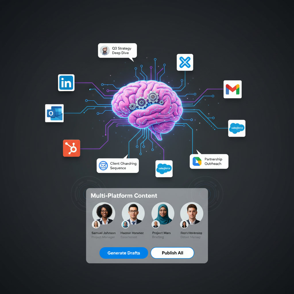 An image showing a brain with gears and circuits, representing AI, connected to various social media icons (LinkedIn, X, etc.) and a diverse group of employees, illustrating how AI personalizes content suggestions and streamlines multi-platform distribution while maintaining individual voices.