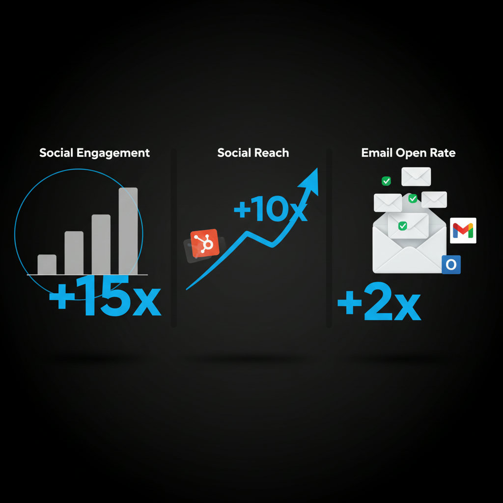 A split image or infographic illustrating the tangible benefits mentioned, such as a bar chart showing a +15x increase in social engagement, a growth curve for +10x social reach, and an open envelope with a +2x email open rate.