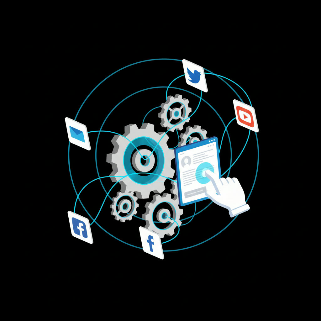 An illustration of various social media engagement tools working together seamlessly, perhaps with gears or interconnected components, automating tasks and boosting efficiency.