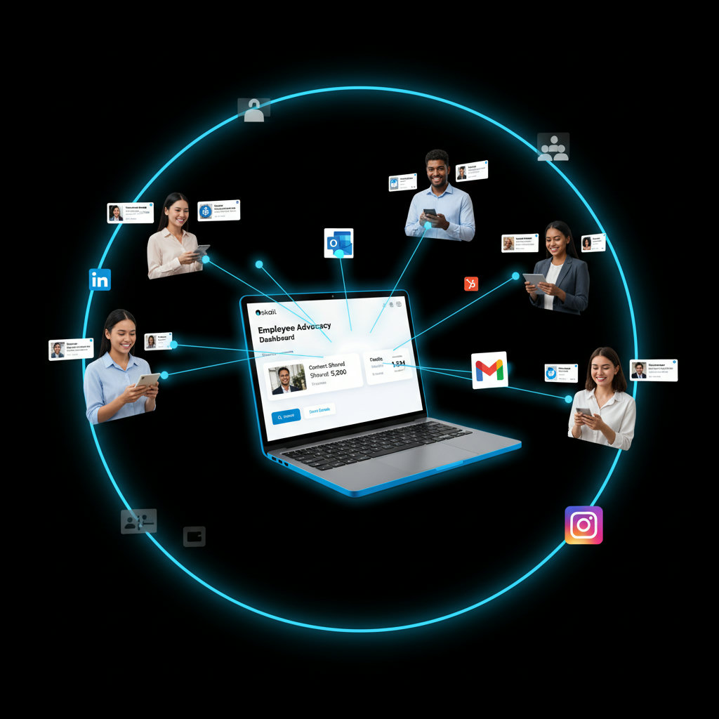 A visual metaphor for employee advocacy, showing a network of empowered employees sharing content, with lines connecting them to a central brand and expanding its reach like ripples in a pond.