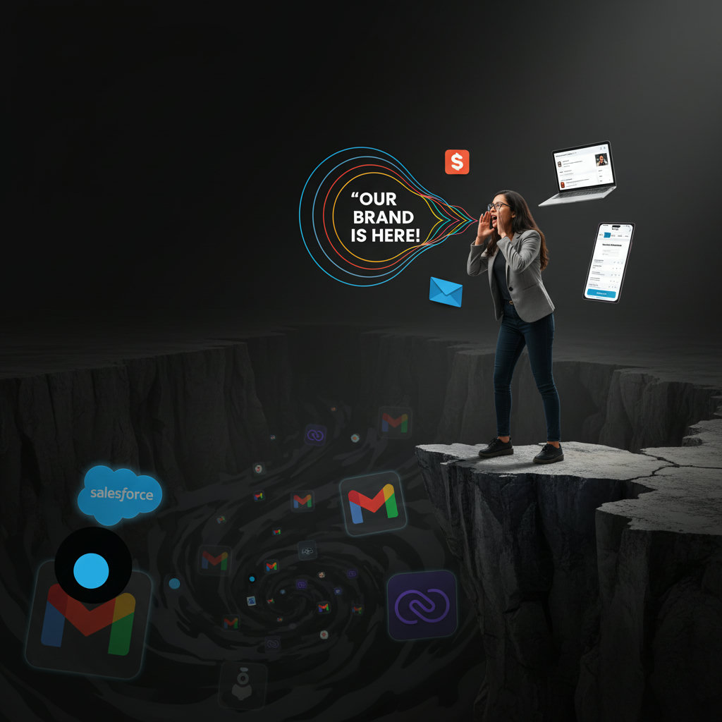 A person (representing a small business owner) shouting into a vast, empty canyon or void, symbolizing the struggle to get their brand noticed amidst larger competitors.