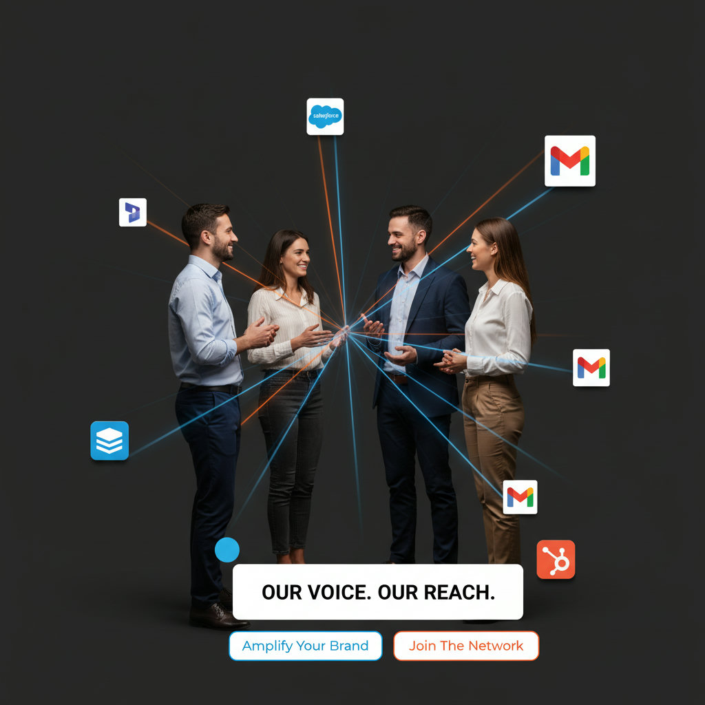 A group of diverse employees depicted as an interconnected network, with lines or light flowing between them and radiating outwards, symbolizing their collective voice and reach as brand advocates.