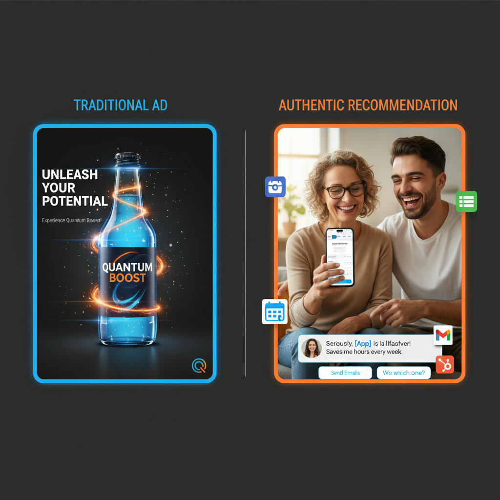 A visual comparison: on one side, a stereotypical, glossy, perhaps slightly exaggerated traditional advertisement; on the other, a genuine, heartfelt testimonial or recommendation from an employee to a friend, emphasizing authenticity over advertising.