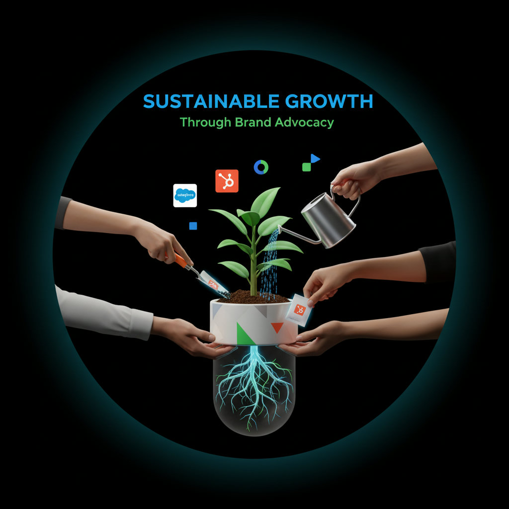 A small, but robust plant (representing a small business) being watered and nourished by multiple hands (representing employees), with roots growing deep and branches extending wide, symbolizing sustainable growth through brand advocacy.