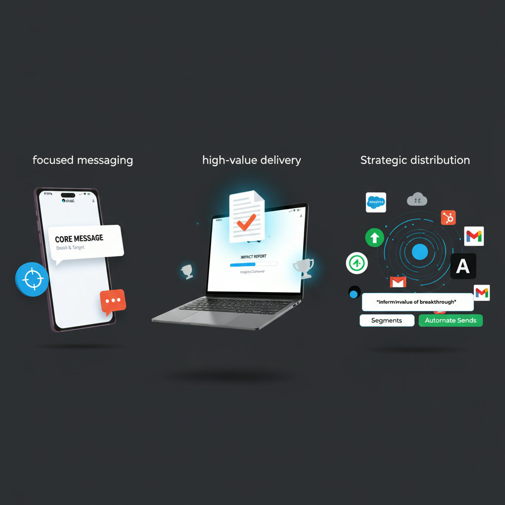 A visual representation of key principles of minimalist content: focused messaging, high-value delivery, and strategic distribution. This could be depicted as three distinct, clean, and impactful icons or a triptych.