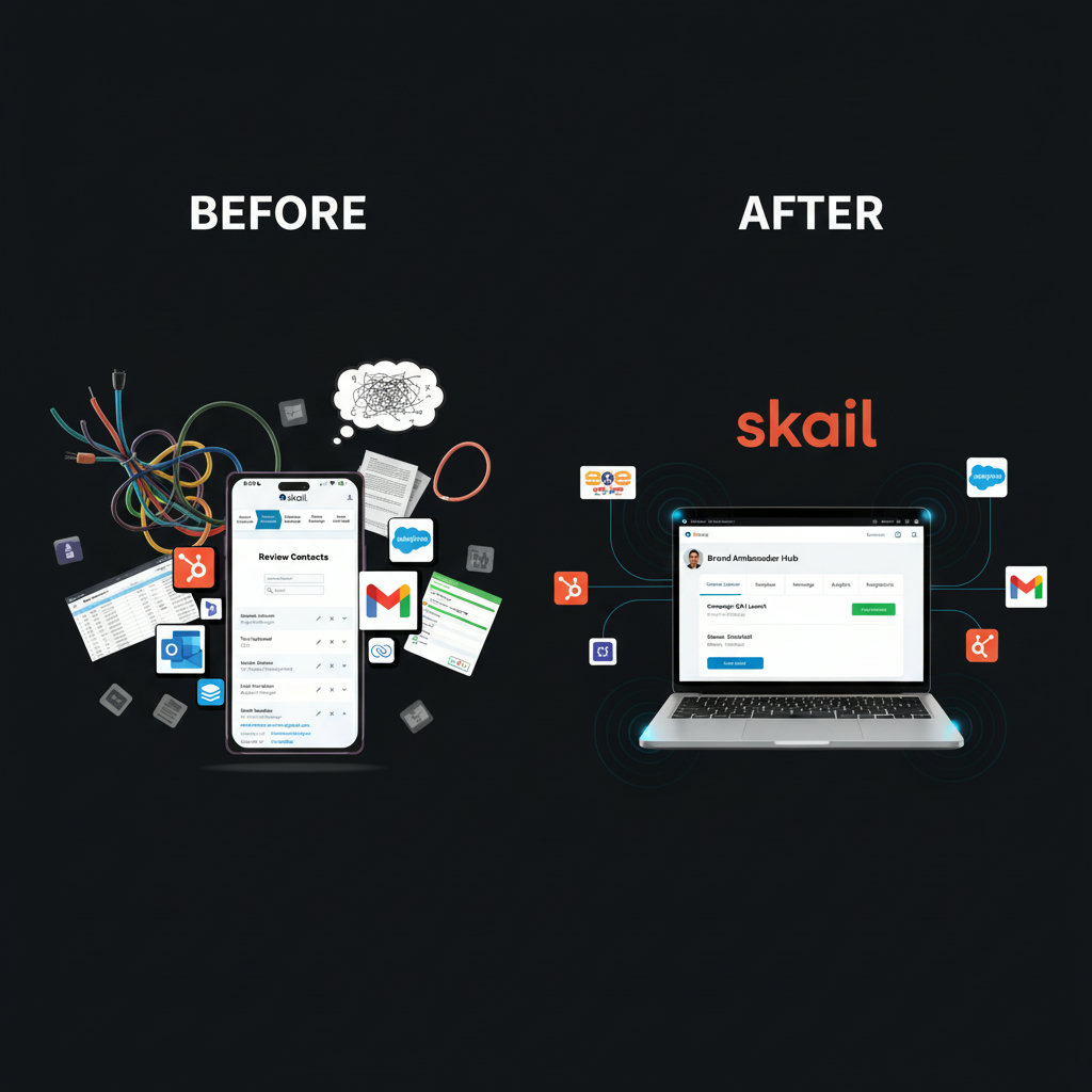 An image showcasing a streamlined content workflow, possibly with a before/after comparison. The 'before' might show a cluttered, chaotic content pipeline, while the 'after' depicts an organized, efficient, and well-managed system, with brand ambassador software as a central hub.