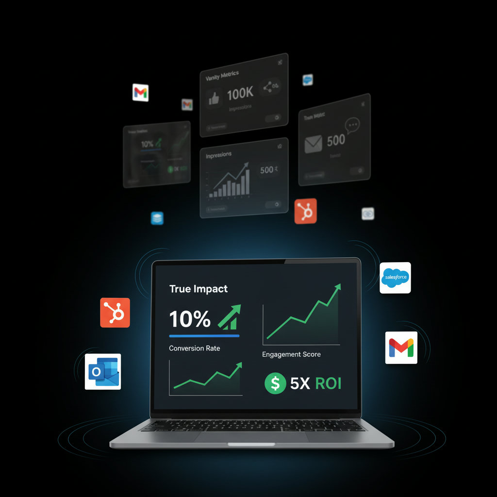 A visual representing the difference between 'vanity metrics' and 'true impact'. This could show superficial metrics (likes, impressions) fading into the background, while deeper metrics (engagement, conversions, ROI) are highlighted as more significant.