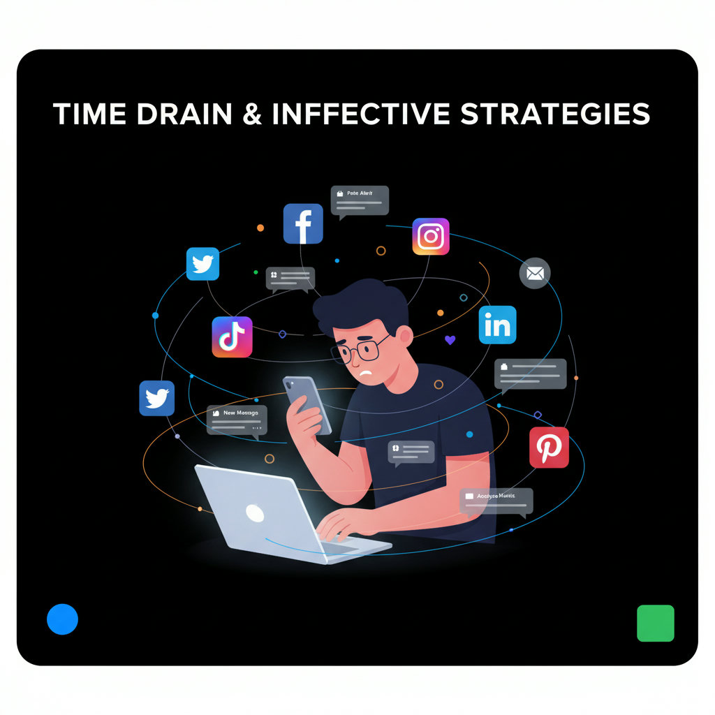 An illustration of an individual struggling to manage multiple social media platforms, represented by diverse icons and notifications overwhelming them, highlighting the 'Time Drain & Ineffective Strategies' concept.