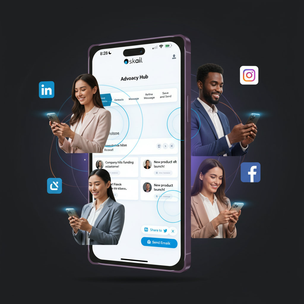 Visualize a 'secret weapon' in the form of a social media advocacy tool, depicted as a sleek, modern interface. It empowers employees (represented as diverse, engaged individuals) to effortlessly share content, transforming them into brand evangelists.