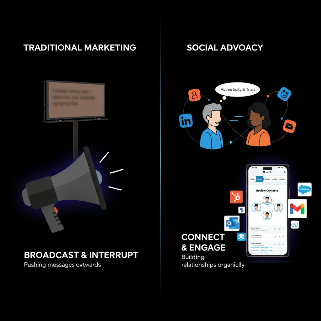 An image contrasting traditional marketing methods (e.g., a megaphone or billboard) with the authentic, trust-based approach of social media advocacy. The latter could show connections forming organically between people, emphasizing 'Authenticity & Trust.'