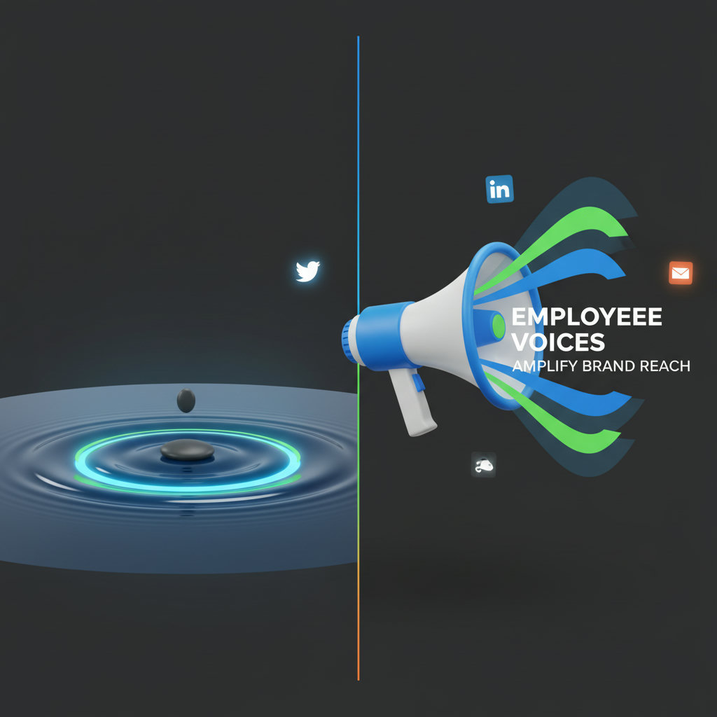 A split image or infographic showing a small pebble dropping into water with ripples expanding outwards, juxtaposed with a megaphone amplifying a message. This symbolizes how individual employee voices can collectively amplify a brand's reach.
