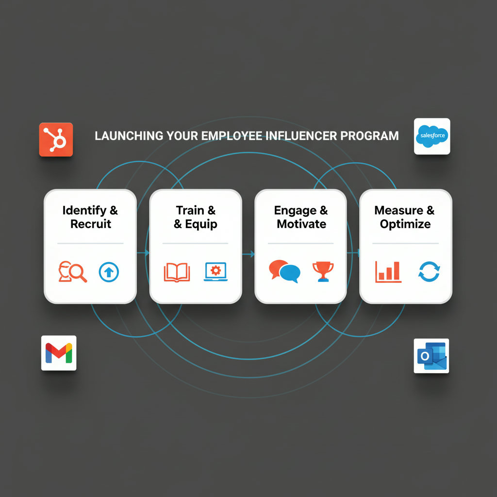 A diagram or a visually appealing flowchart illustrating the key steps or components of launching a successful employee influencer program, such as 'Identify & Recruit,' 'Train & Equip,' 'Engage & Motivate,' and 'Measure & Optimize.'