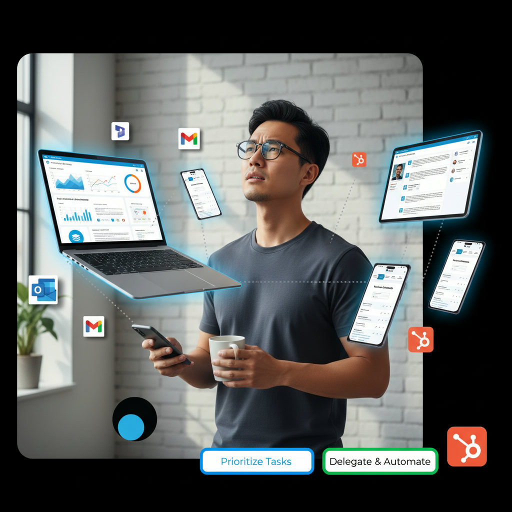 A small business owner juggling many hats (e.g., CEO, marketer, sales, customer service), looking overwhelmed but determined. This visually represents the 'Time Scarcity and Multitasking' and 'Marketing Overwhelm' concepts.