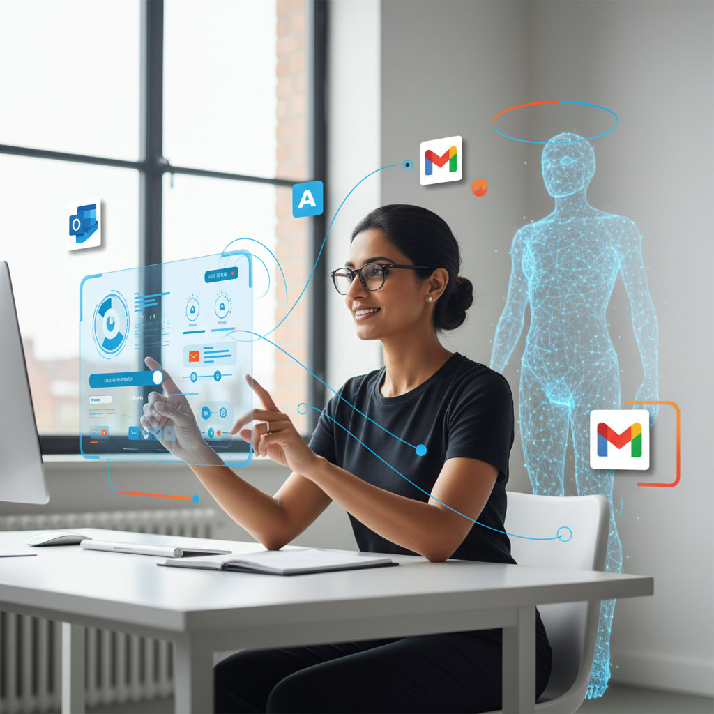 A representation of AI as a 'co-pilot' or intelligent assistant alongside a small business owner. The AI could be depicted as a futuristic, helpful entity, perhaps subtly integrated into a digital dashboard, assisting the owner who looks less stressed and more strategic.