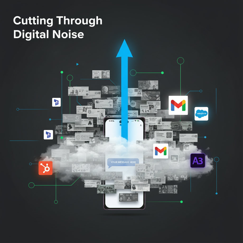 A visual metaphor for 'Cutting Through Digital Noise.' Imagine a small business's message or advertisement as a distinct, bright signal piercing through a chaotic, cluttered digital environment filled with generic, muted advertisements and information overload.