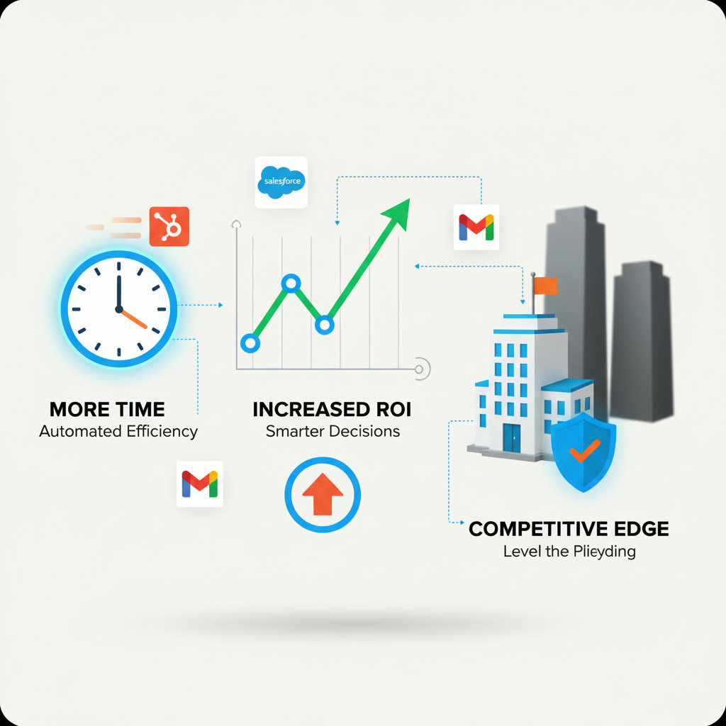 An infographic or visual showing the practical benefits of AI: a clock with extra time, a graph showing increased effectiveness/ROI, and a small business standing strong and competitive against larger, more abstract corporate giants.