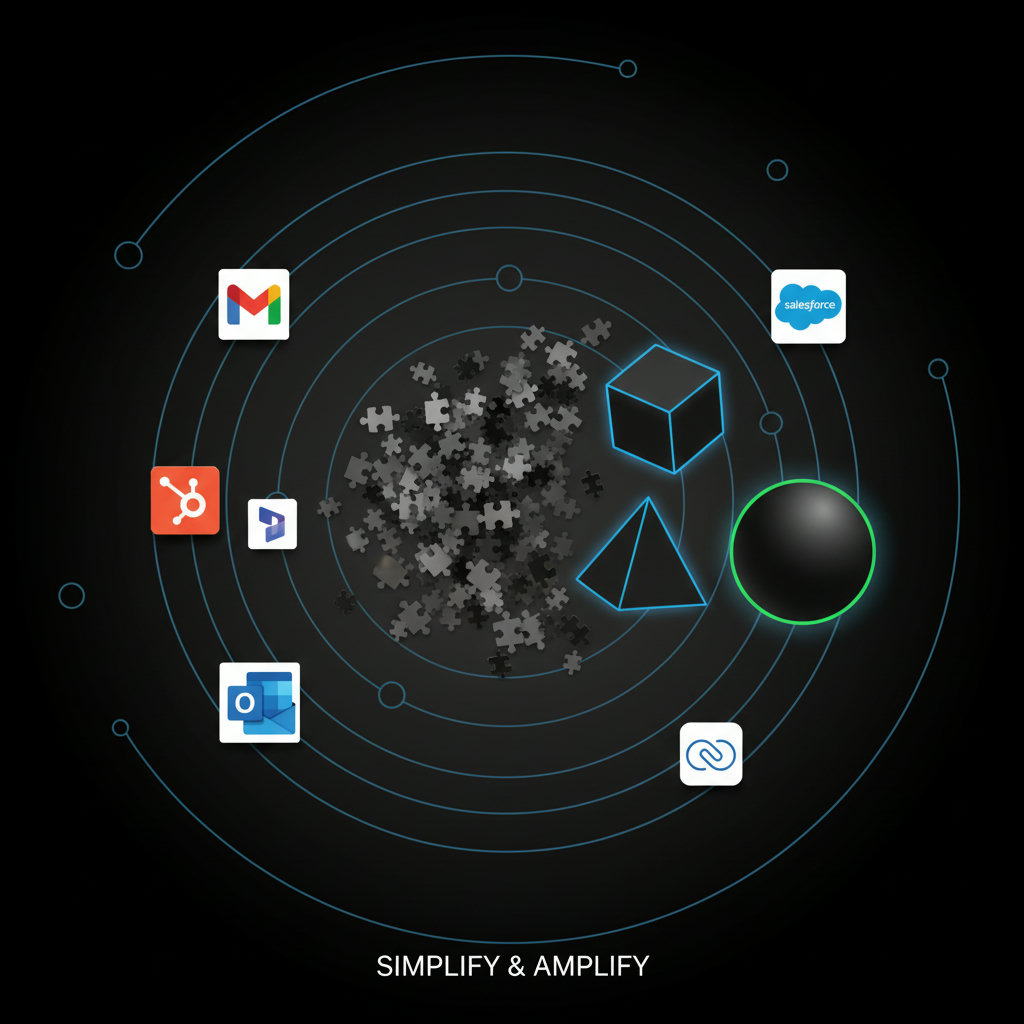 A sleek, modern graphic representing the 'more with less' philosophy, possibly showing a complex puzzle simplifying into a few elegant pieces, or a small, impactful ripple expanding outwards.
