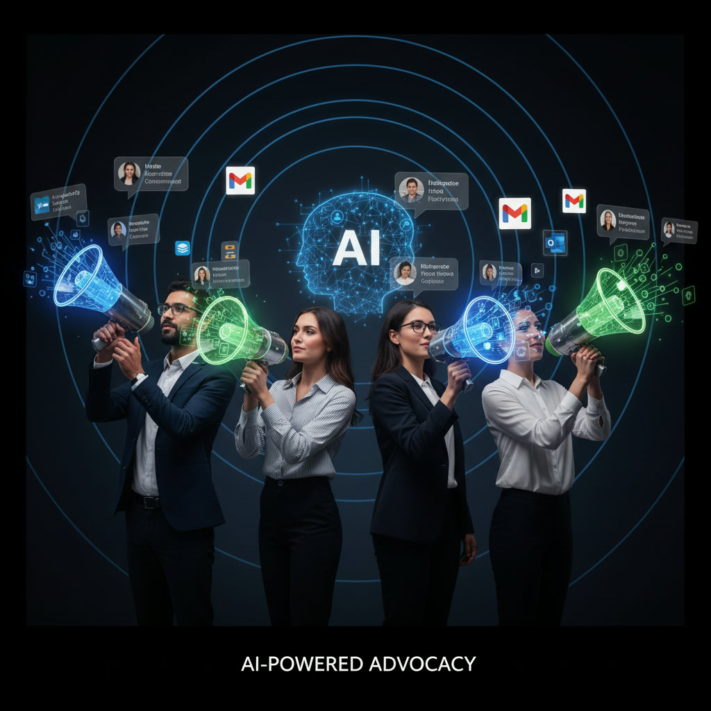 A visual metaphor for AI-powered personalization and authentic advocacy, perhaps a diverse group of employees each holding a uniquely designed megaphone, with AI