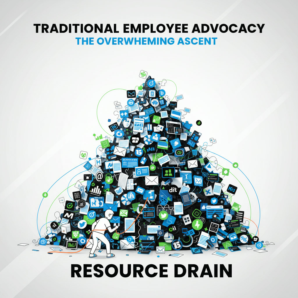 A visually striking representation of a mountain made of various tasks and challenges, with a tiny, overwhelmed person in sandals attempting to climb it. This symbolizes the difficulty and resource drain of traditional employee advocacy.