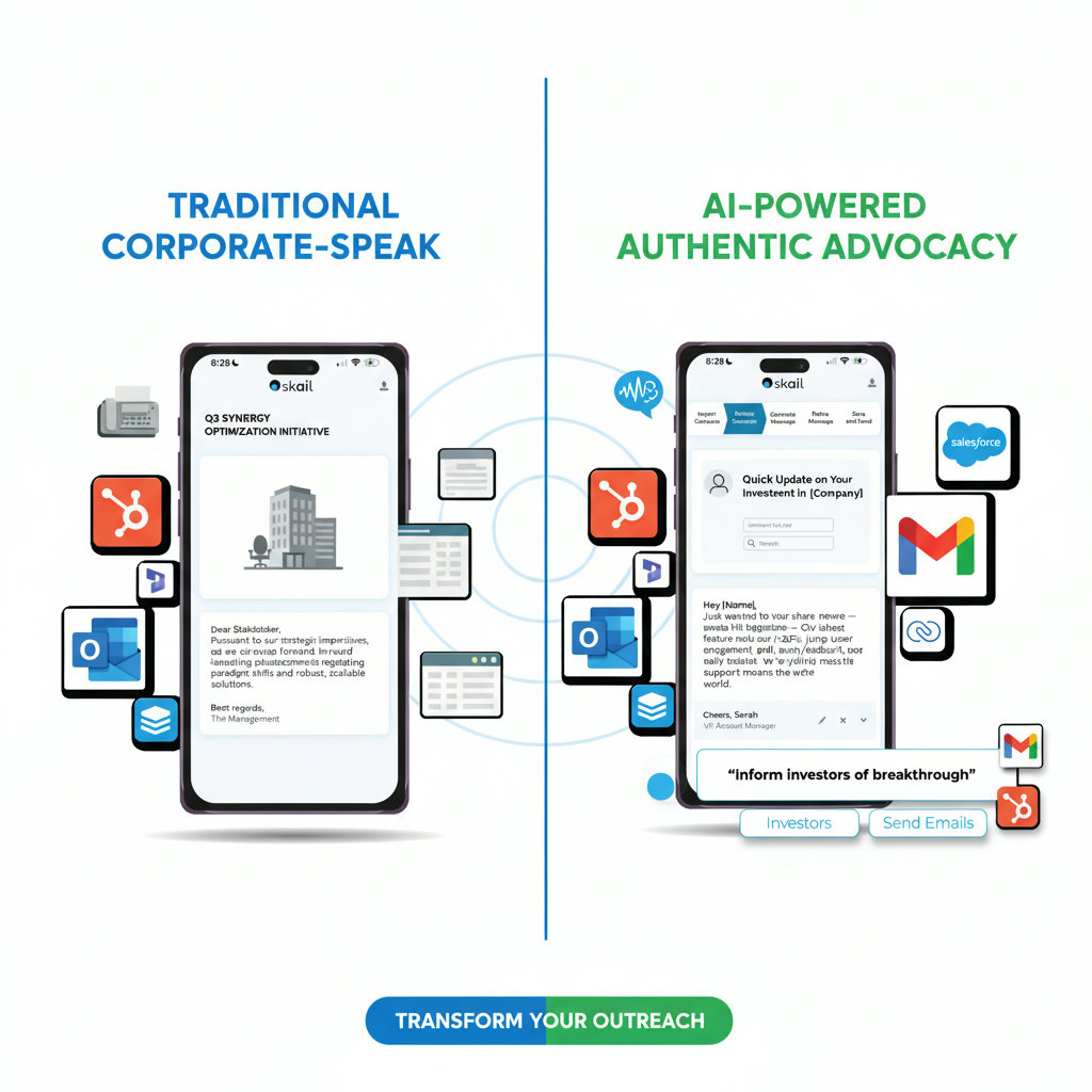 A split image or a dual-scene image where one side depicts generic, 'corporate-speak' messages and the other side shows authentic, personalized messages that reflect individual voices. This highlights the contrast between traditional and AI-powered advocacy.