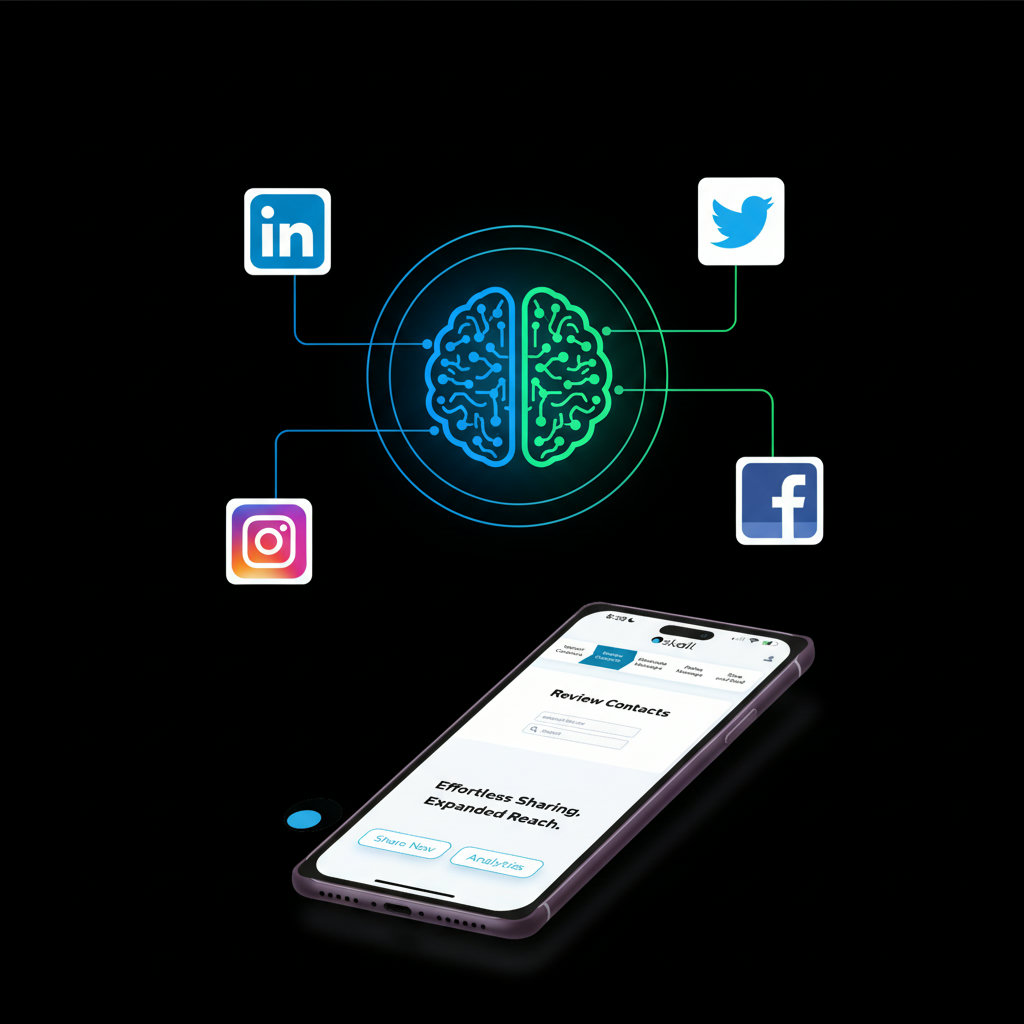An image showing various social media icons (LinkedIn, Twitter, Facebook) connected by seamless lines to a central AI brain or a user effortlessly sharing content across all platforms. This symbolizes streamlined social media sharing and expanded reach.
