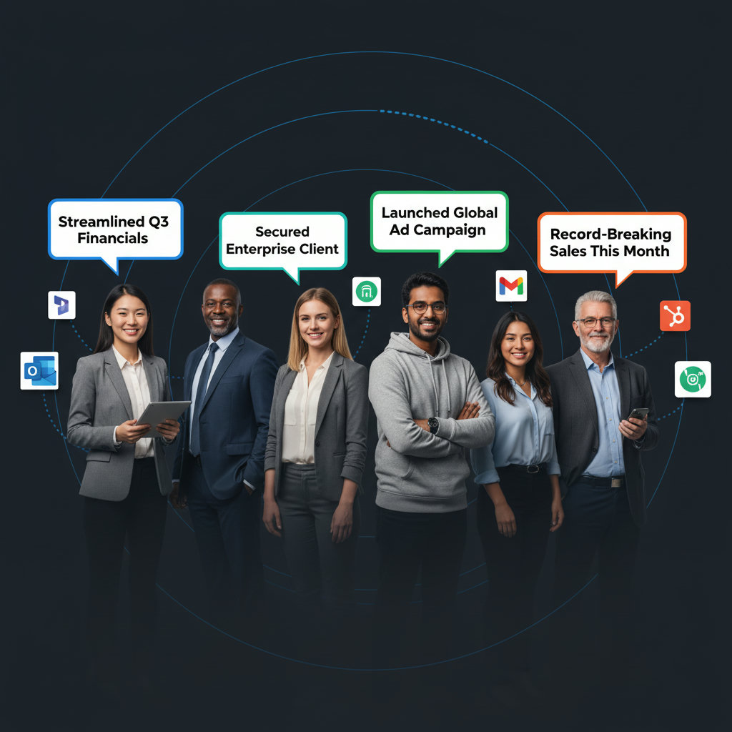 A group of diverse professionals, each with a speech bubble containing a company-related message or insight, showcasing how individual employees amplify a brand's message. The overall image should convey authenticity and trust.