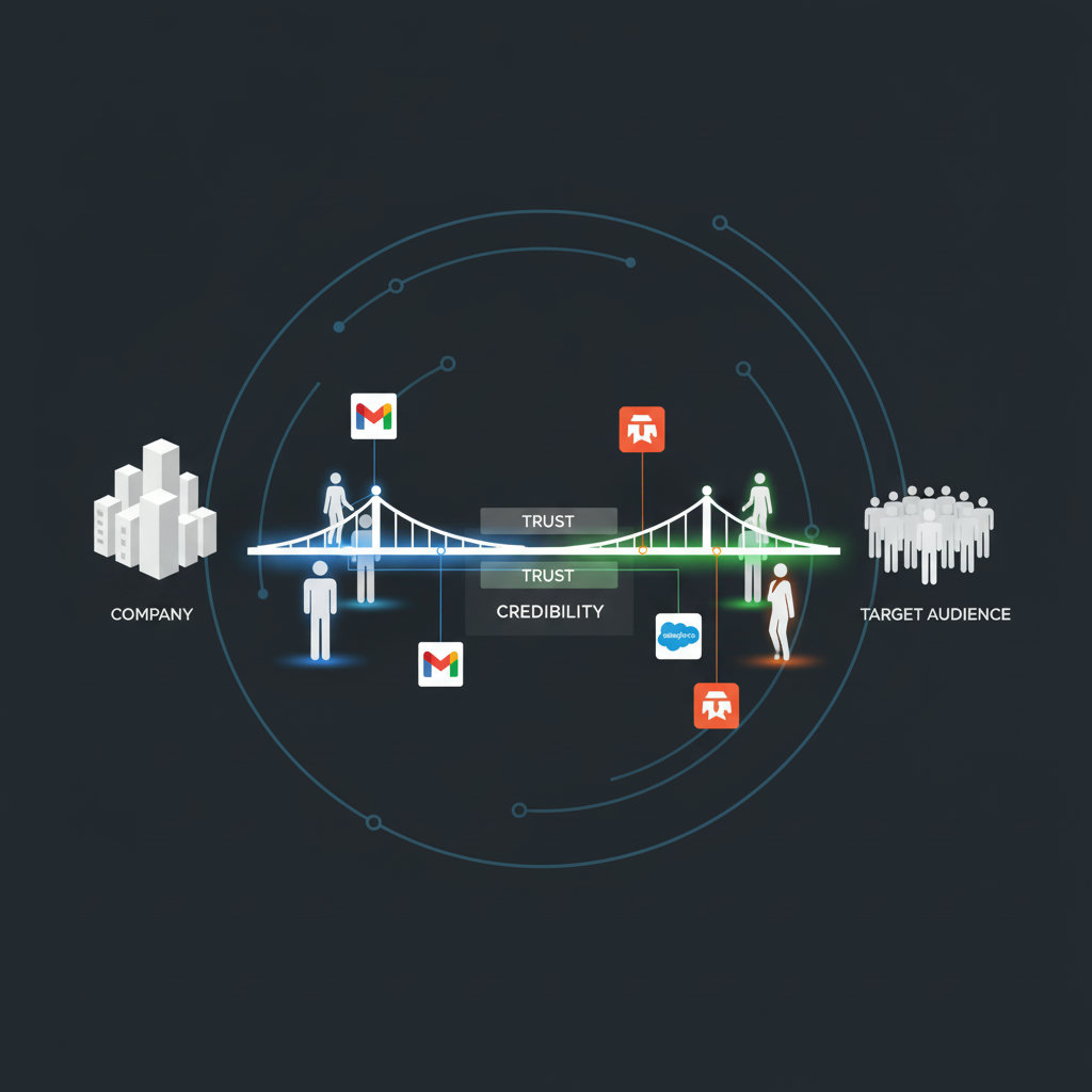 An image illustrating a bridge being built between a company and its target audience, with employees acting as the foundational pillars of the bridge. The bridge should be made of elements like 'trust' and 'credibility', highlighting the role of employees in strengthening these.