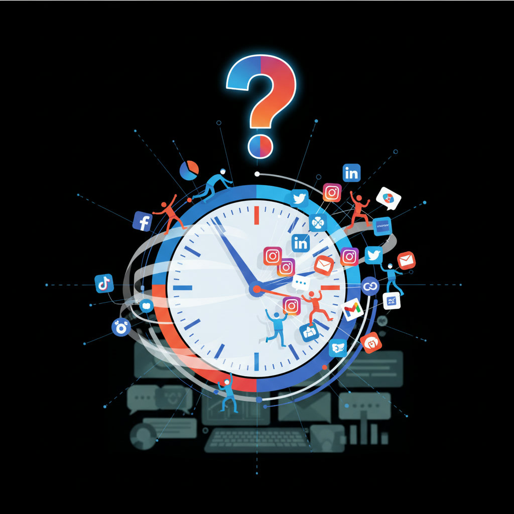 An illustration of a clock with hands spinning rapidly, overflowing with various social media icons (Facebook, Instagram, LinkedIn, X, etc.) and small figures of people (marketers/business owners) frantically trying to keep up. The background could feature a blurred collage of marketing tasks like content creation, customer engagement, and analytics dashboards. A prominent question mark could hover above, representing the
