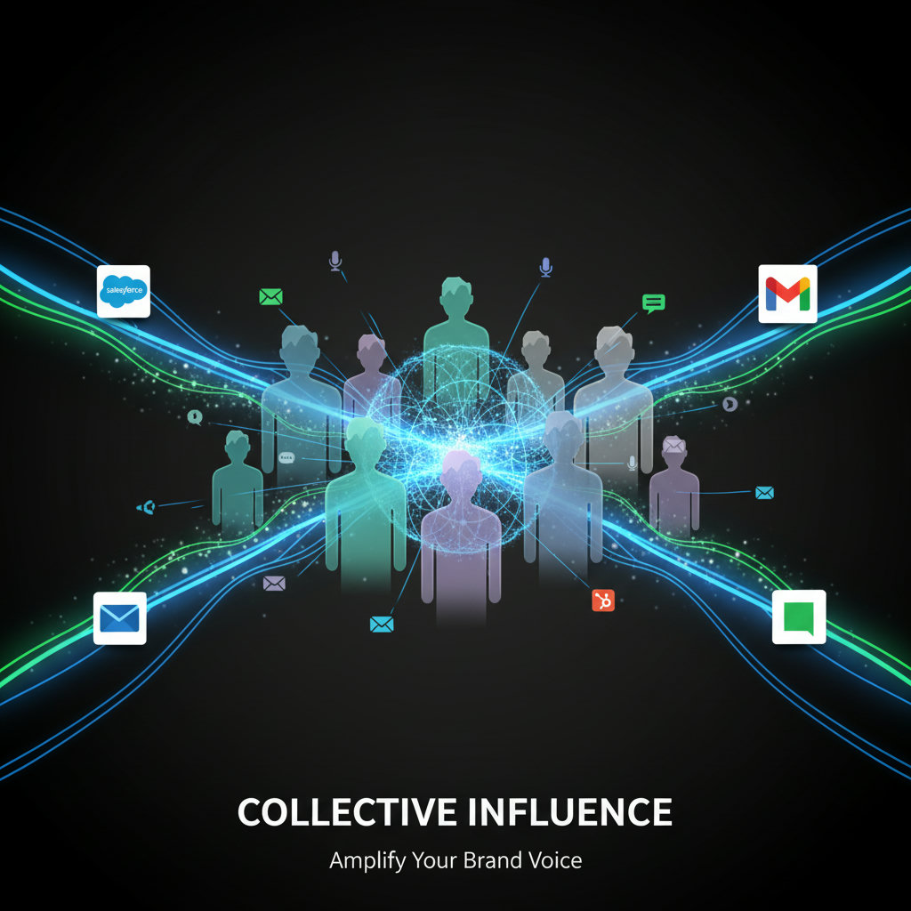 An image demonstrating the concept of 'collective influence' where individual employees, represented by distinct figures, are interconnected and their individual messages are combining to form a larger, more powerful brand voice, perhaps radiating outwards.