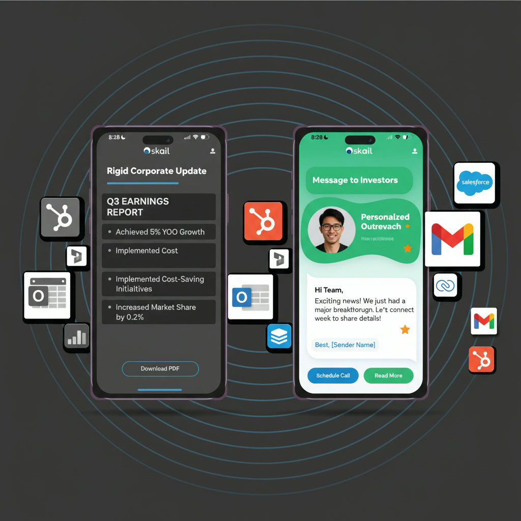 A split image or a visual comparison showing a rigid, corporate-looking message on one side and a more fluid, personalized message (perhaps with a human touch or a diverse set of colors) on the other, symbolizing authenticity over corporate messaging.