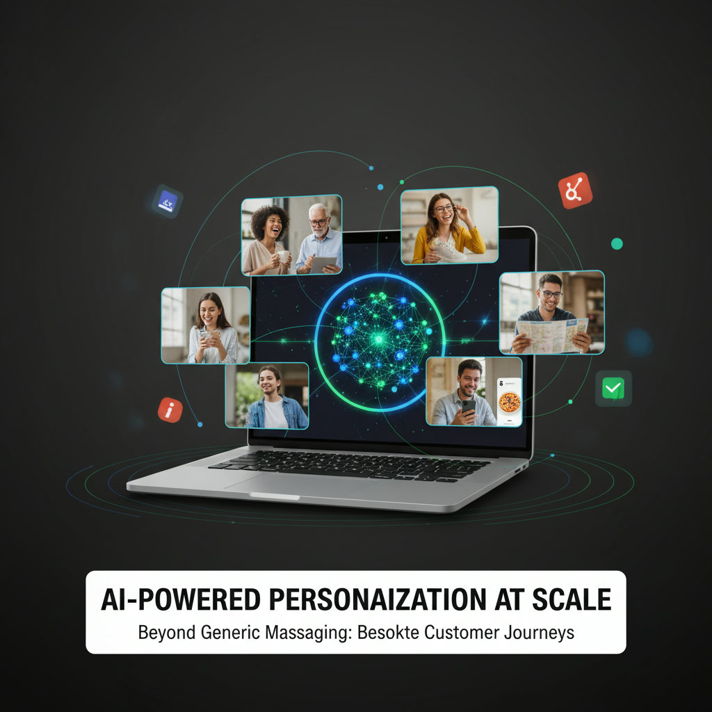 Illustrate the concept of personalization with AI. Show a diverse group of individuals receiving uniquely tailored content or product recommendations from a central AI system, highlighting how AI moves beyond generic messaging to bespoke customer journeys.