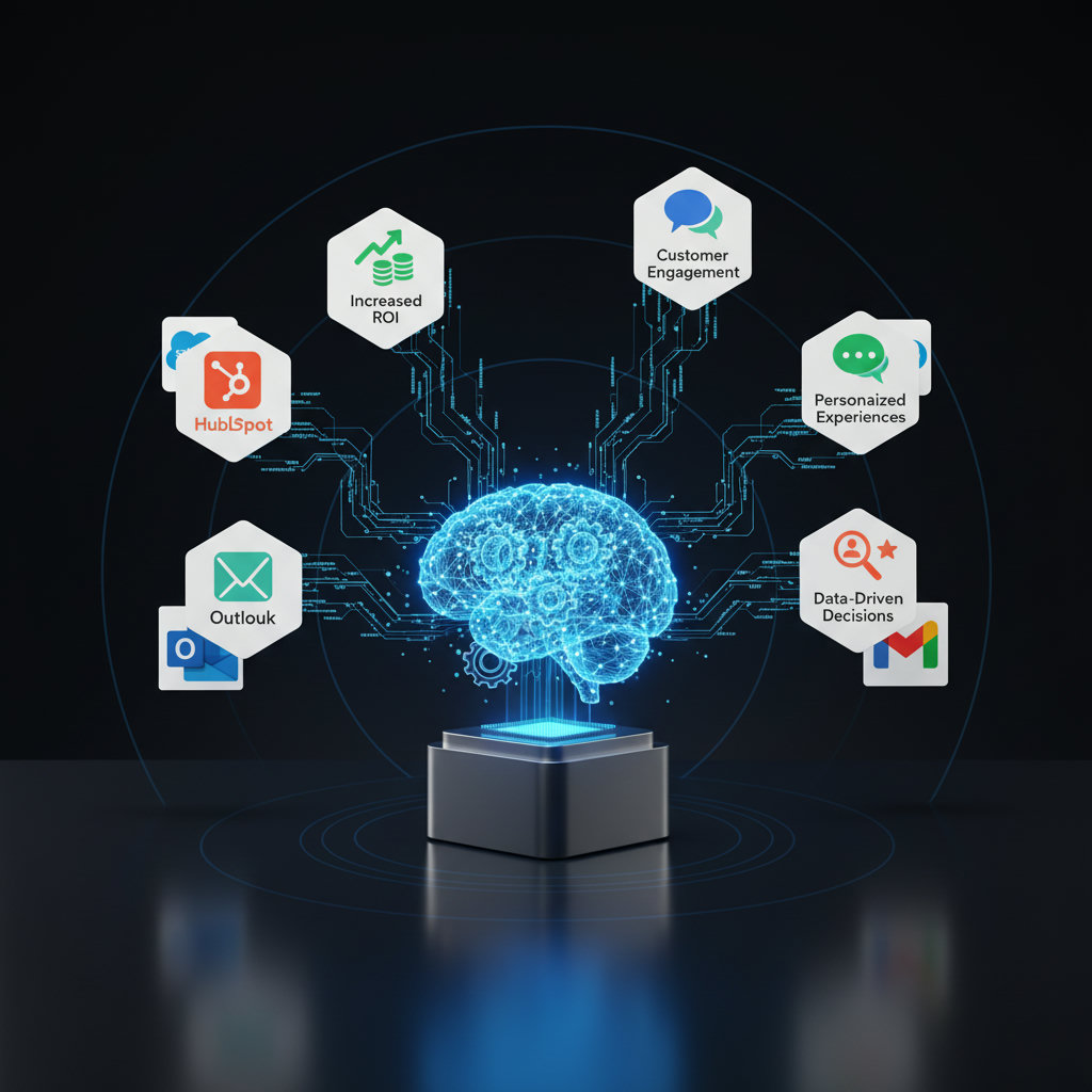 A visually striking representation of AI as a brain or network, processing vast amounts of data, with connections leading to various marketing outcomes like increased ROI, customer engagement, and personalized experiences. Metaphorically, portray AI as an engine or a sophisticated 'brain' powering marketing.